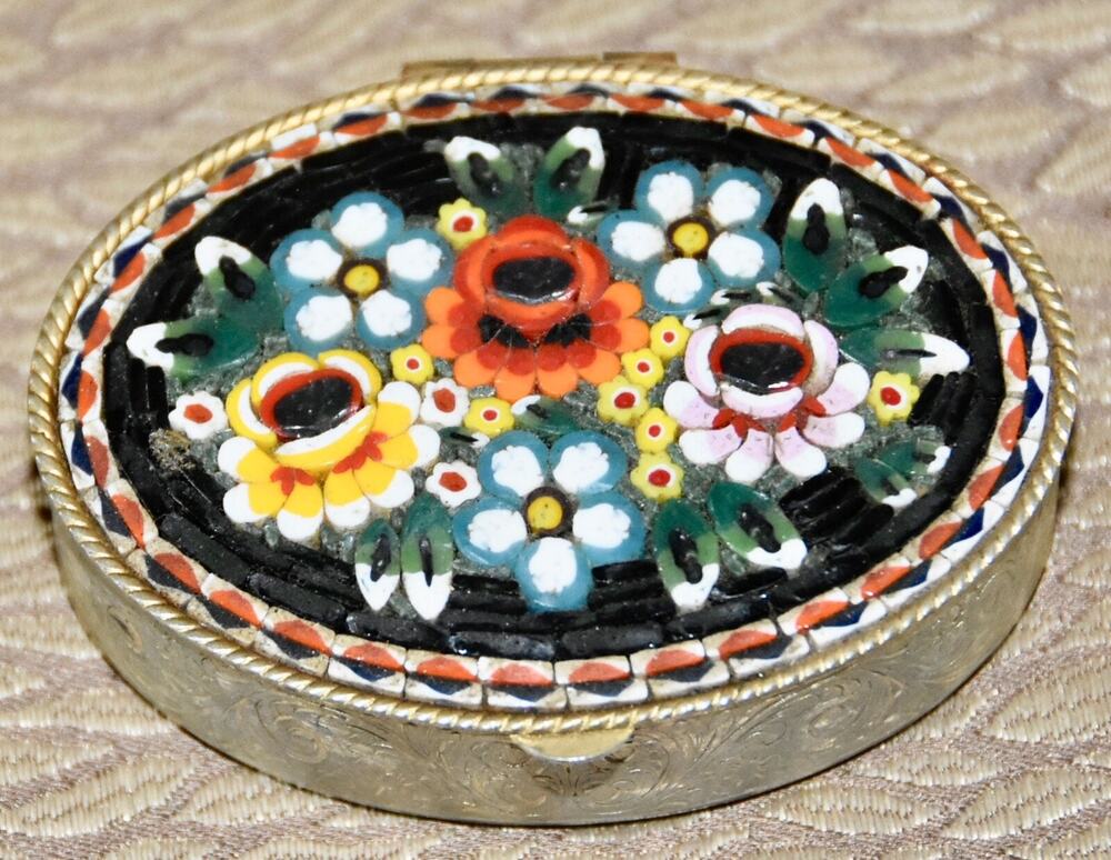 Vintage 1950s Italian Gold Gilt Millefiori 2.5" Mosaic/Metal Pill Box